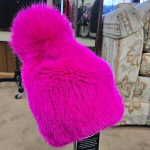 SALE Pink Knitted Mink Fur Hat with Pom
